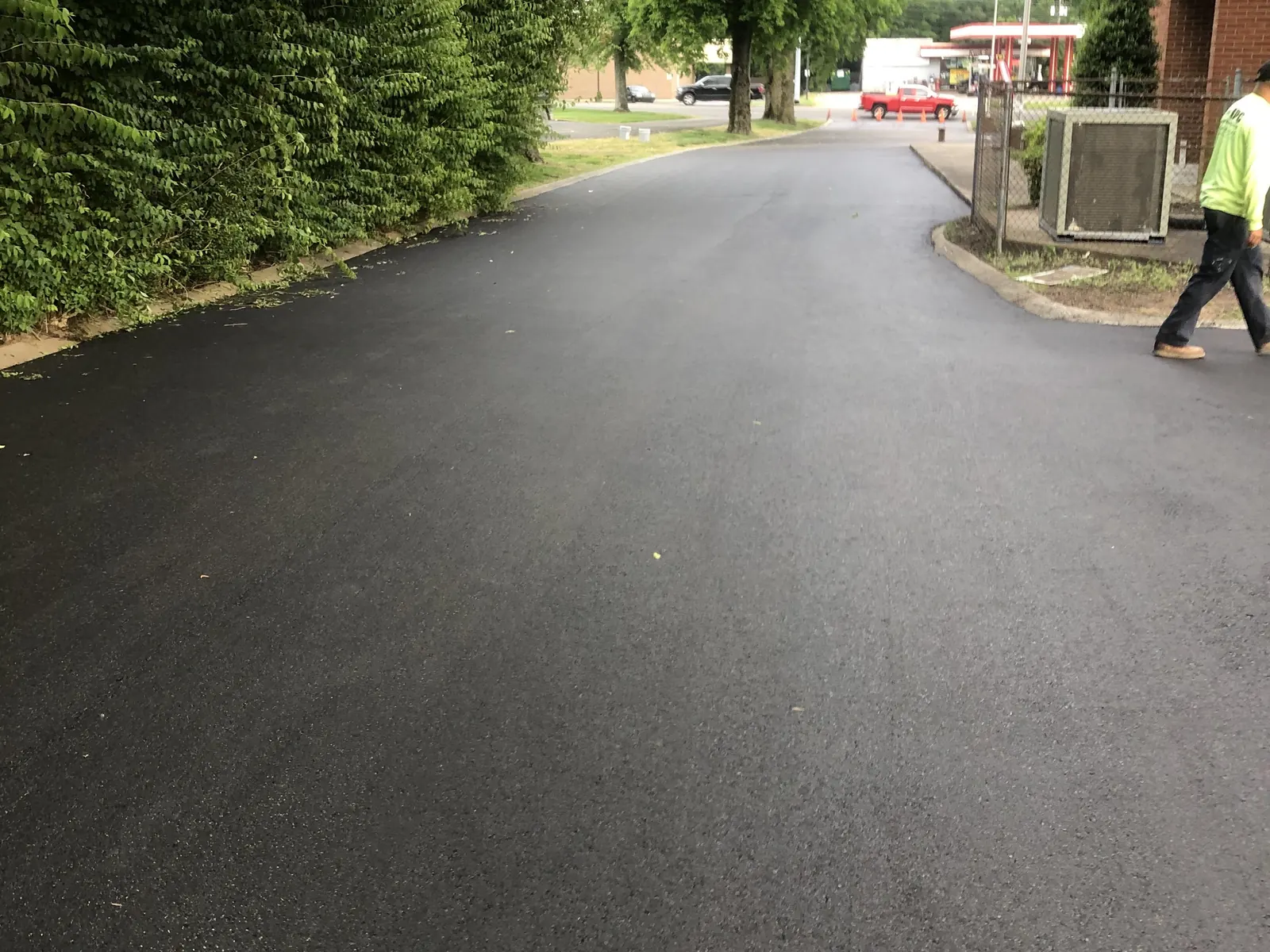 Crew member walking a freshly paved lane beside a hedge, asphalt paving