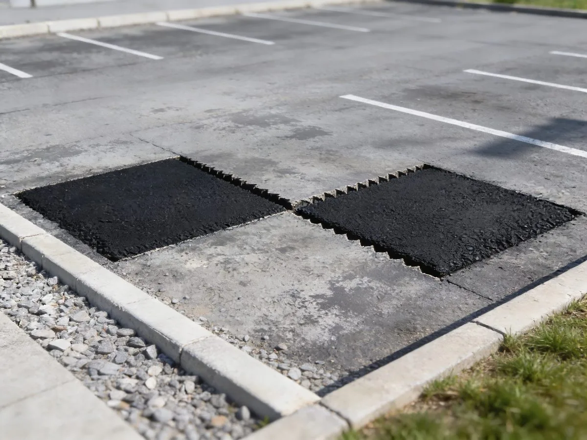 Two saw cut asphalt patches finished in a parking lot beside a curb, asphalt repair