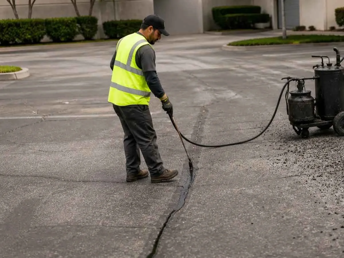 Worker sealing a crack with a pour pot and wand on a parking lot, crack sealing